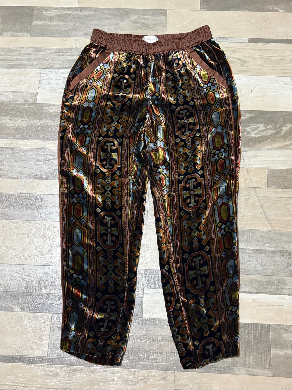Elevenses Anthropologie Womens S Brown Velvet Jogger Pants Geometric Boho